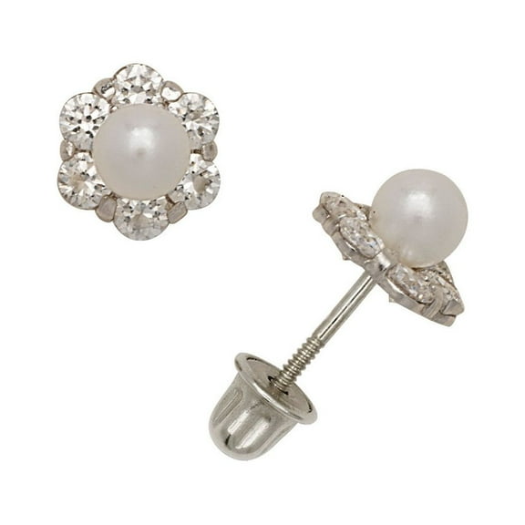 Solid 14k CZ Gold Five Stones Pearl Screw Back Stud Earrings (yellow and White) (White Gold) Stud Earring for Women