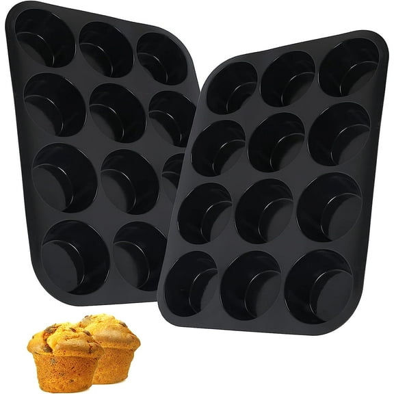 Silicone Muffin Pan for Baking 12 Cups Non-Stick Cupcake Pan,BPA Free Silicone Baking Mold for Muffin Cupcake Egg Bite Maker 2 Pack,Black