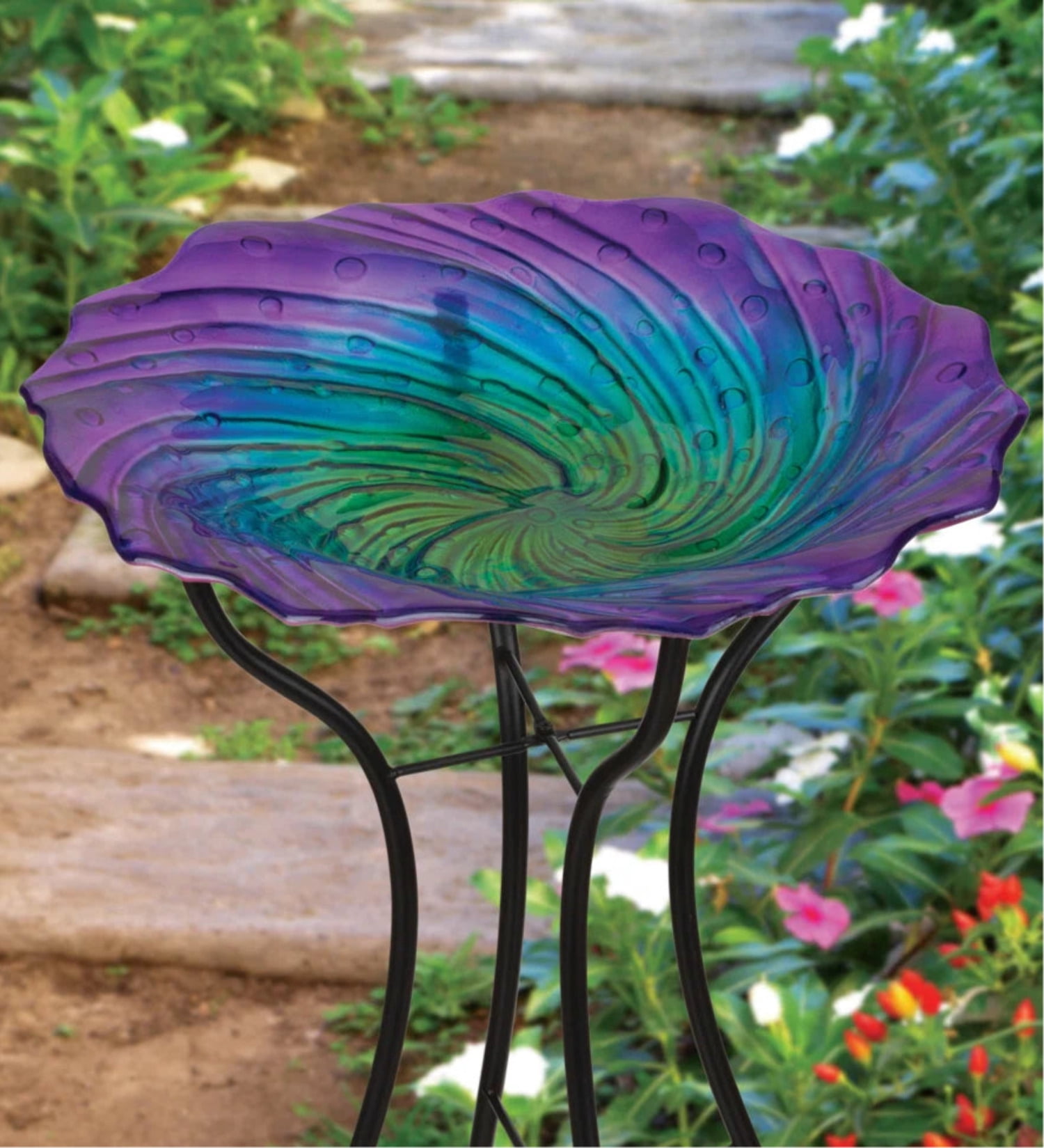 Custom Hand Blown-Glass Bird Bath  Stand - Purple Ripple - 18 inch