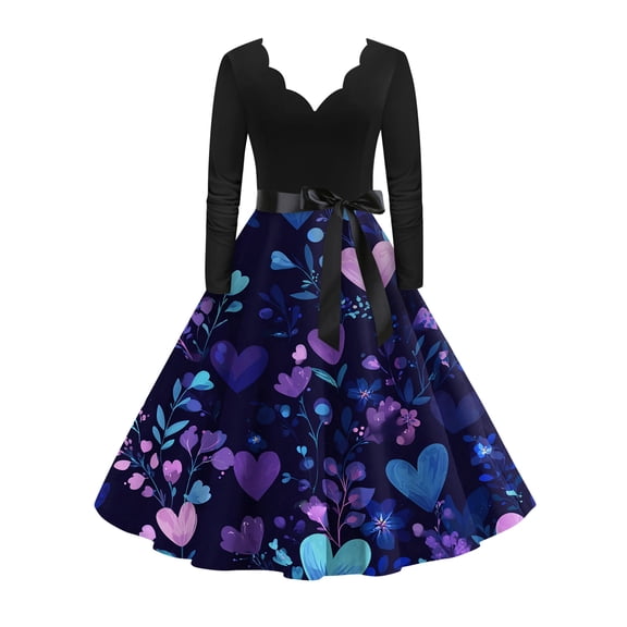 Fgvctg Womens Valentine'S Day Wedding Guest Dress Date Night Vintage Cocktail 50'S Dress Cute Heart Print V Neck Dresses Formal Romantic Long Sleeve Clothing Soft Outfits Dark Purple 3XL