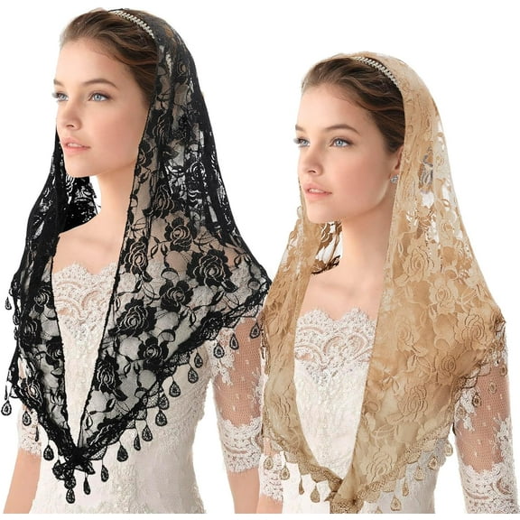 2 Pcs Mass Veil Triangle Mantilla Cathedral Head Covering Chapel Veil Lace Shawl Latin Scarf Latin Mass Head Covering Veils (Black, Khaki)