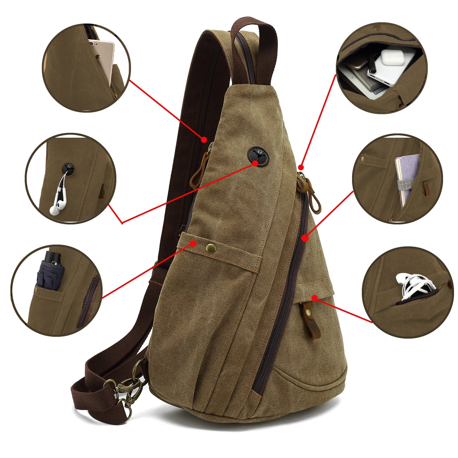 Egoelife Sling Bag Backpack Crossbody Shoulder Chest Bag for Men Women Vintage Canvas Daypack Multipurpose - Coffee