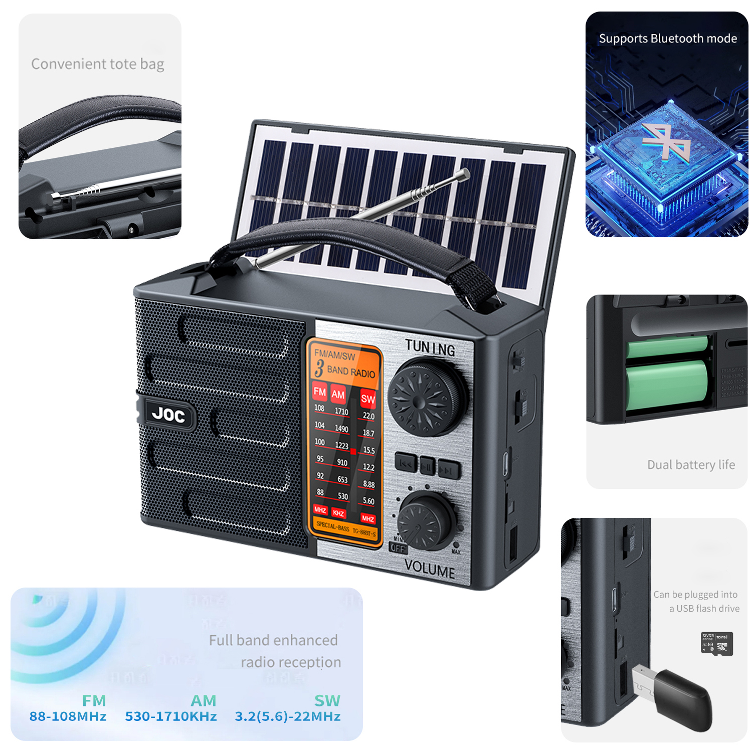 Multi-Band AM/FM/SW1-2 Radio Portable with Bluetooth Speaker, USB TF Card Playing, Strong Emergency Lighting, Solar/USB-C Rechargeable Radio, Transistor Radios Portable AM FM SW, Bluetooth Radio