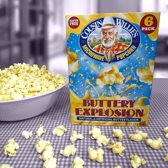 Cousin Willie's Microwave Popcorn Buttery Explosion, 2.9 oz Bags, 6 Count, Gluten Free, Non-GMO, Kosher