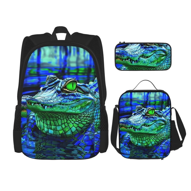 Easygdp Colorful Stained Glass Crocodile Mochila para Niños y Niñas con Set de Caja de Almuerzo y Estuche para Lápices 3 en 1, Mochila Escolar Estampada para Adolescentes