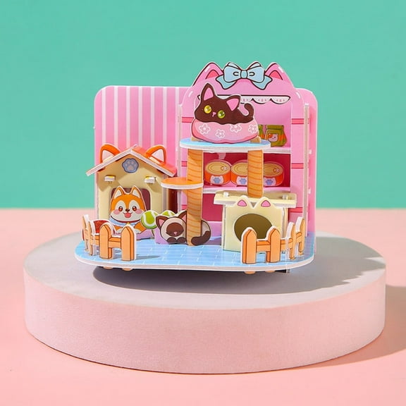 3D house building puzzle set, 3D three-dimensional house puzzle, assembled house model, 3D wooden puzzle, wooden village 3D puzzle, wooden puzzle