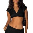 thumbnail image 1 of Top corto de manga corta para mujer, Top corto acanalado con cuello en V profundo, Tops ultracortos informales de verano, negro M, 1 of 6
