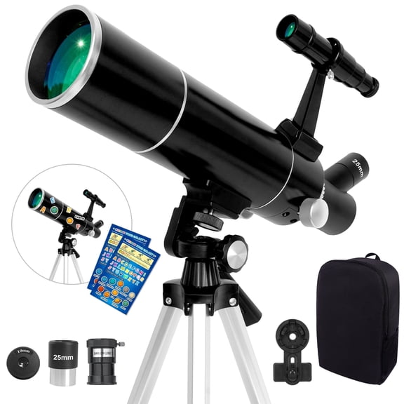 80mm Refractor Telescope for Adults, Kids and Beginners, 500mm, 20X-150X with Backpack, Phone Adapter, Stickers, Black