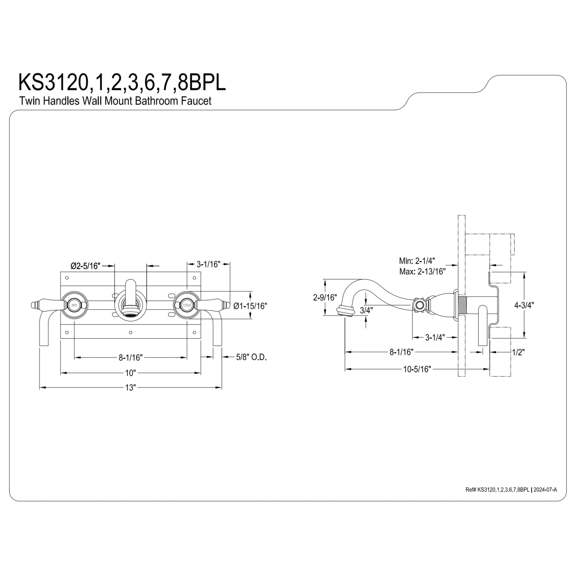 Kingston Brass KS3127BPL Bel-Air Double-Handle 3-Hole Wall Mount Bathroom Faucet in Brushed Brass