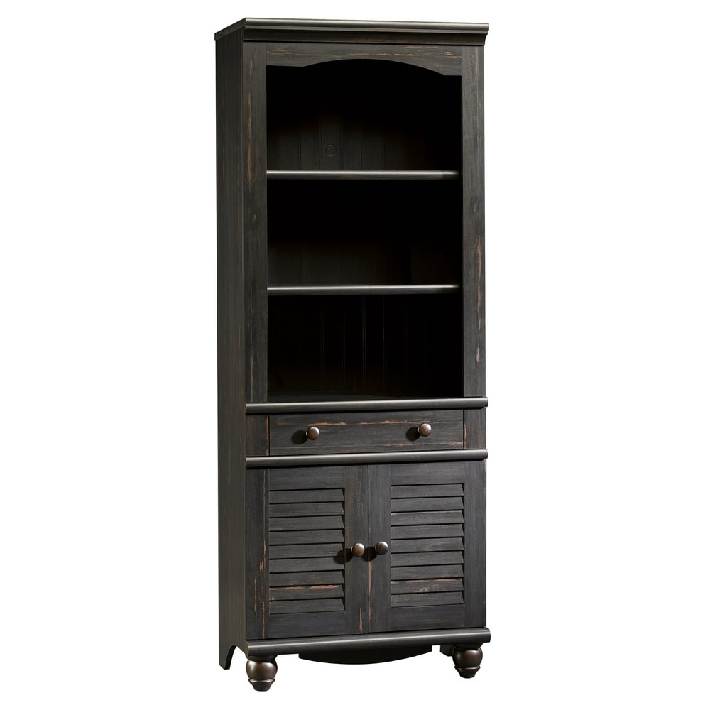 Sauder Harbor View Library Bookcase With Doors Antiqued Paint Finish