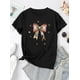 thumbnail image 4 of Creative Bow Pattern Printed Women'S Trendy Round Neck Short Sleeve, Simple Casual Sports T-Shirt, Comfortable Summer Top for Holidays., 4 of 8