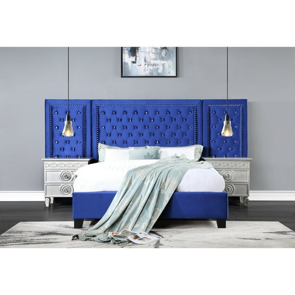 Damazy Queen/King Bed, Blue/Black Velvet