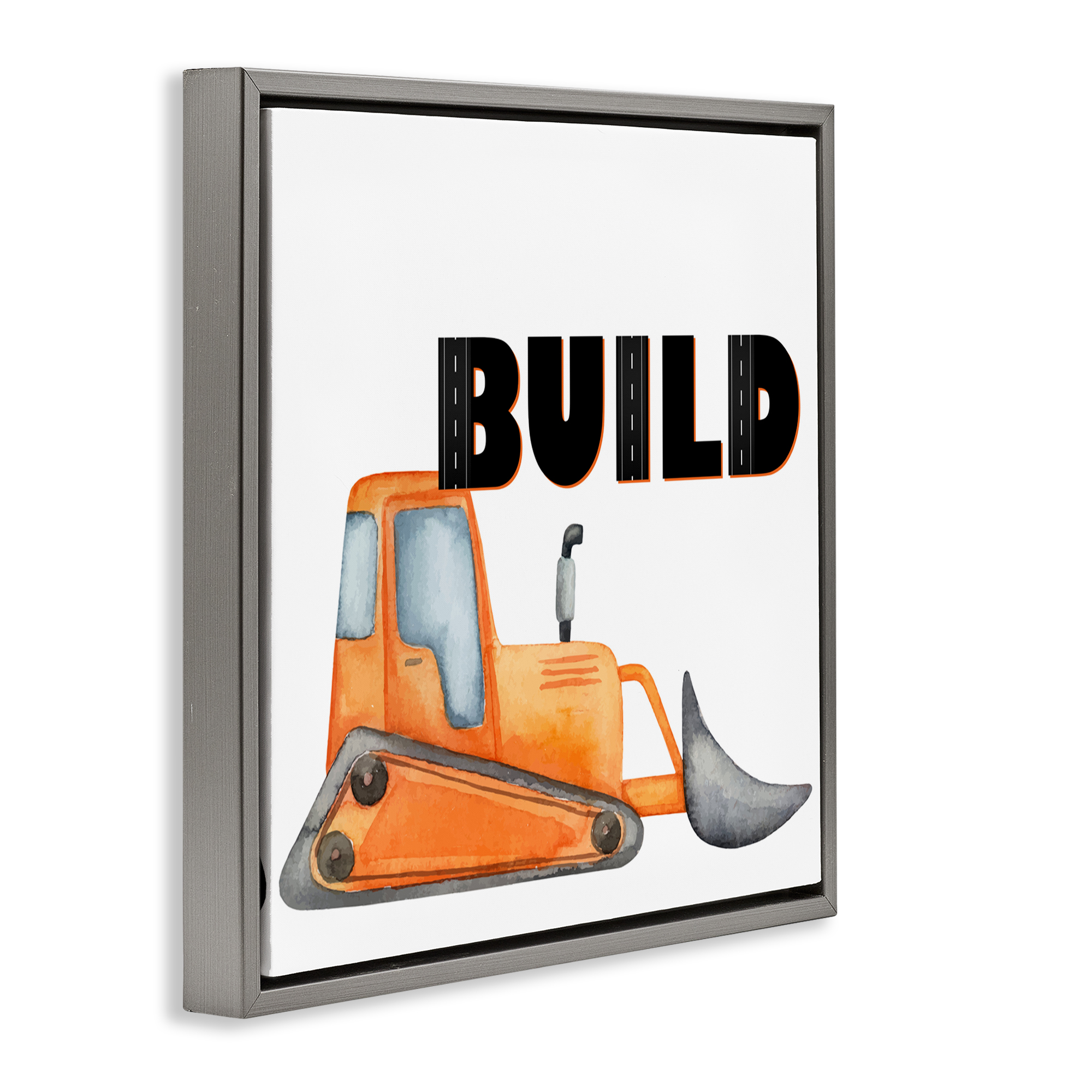 Build with Orange Bulldozer Gray Framed Floater Canvas Wall Art, design by Kim Allen