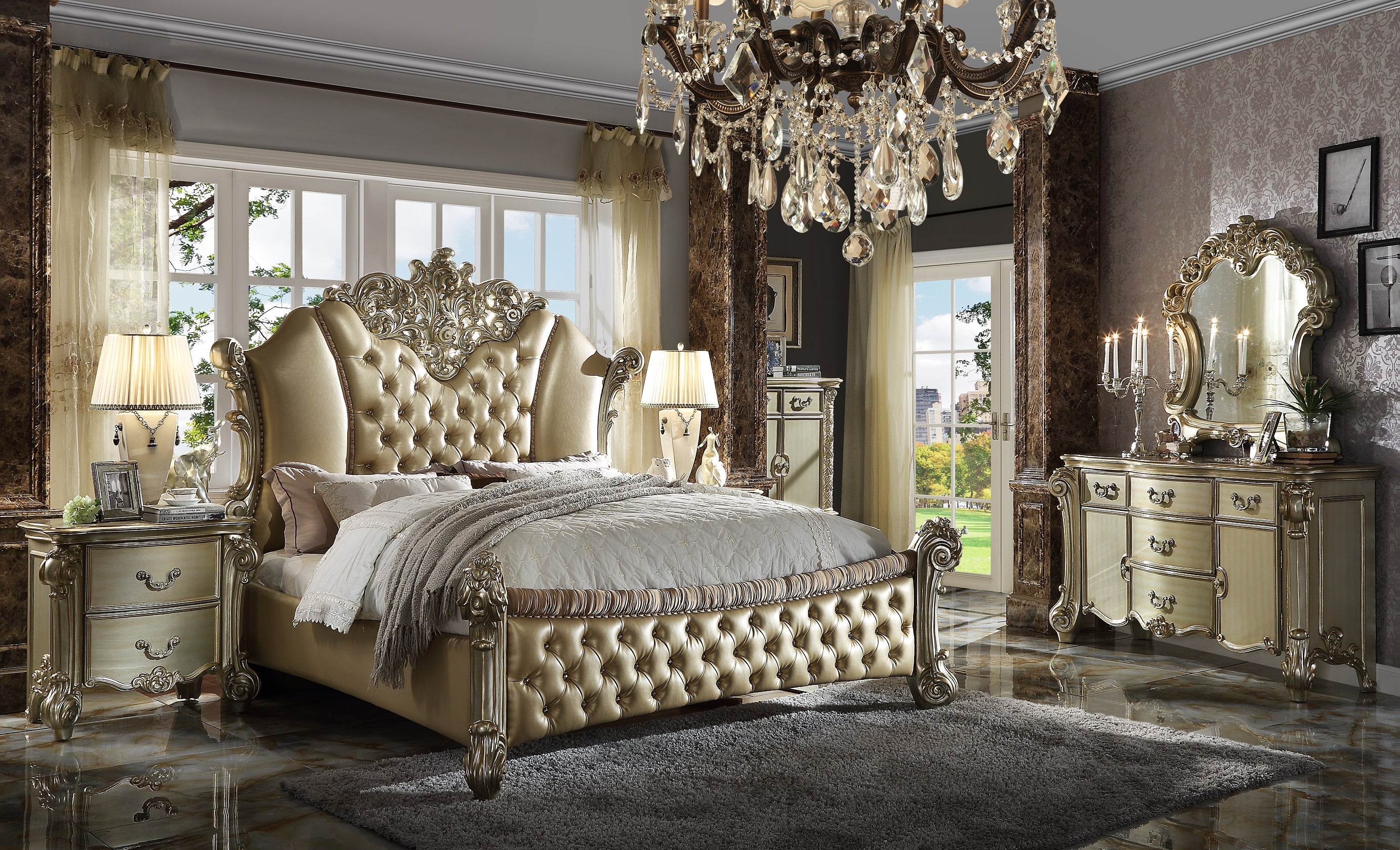 Acme Vendome II Bed in Bone PU & Gold Patina, Multiple Bedsizes