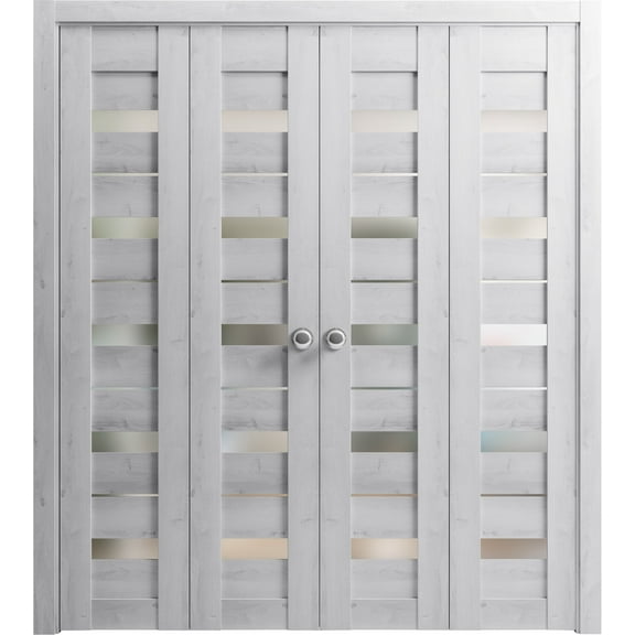 Sliding Closet Double Bi-fold Doors | Quadro 4445 Nordic White with Frosted Glass | Sturdy Tracks Moldings Trims Hardware Set | Wood Solid Bedroom Wardrobe Doors
