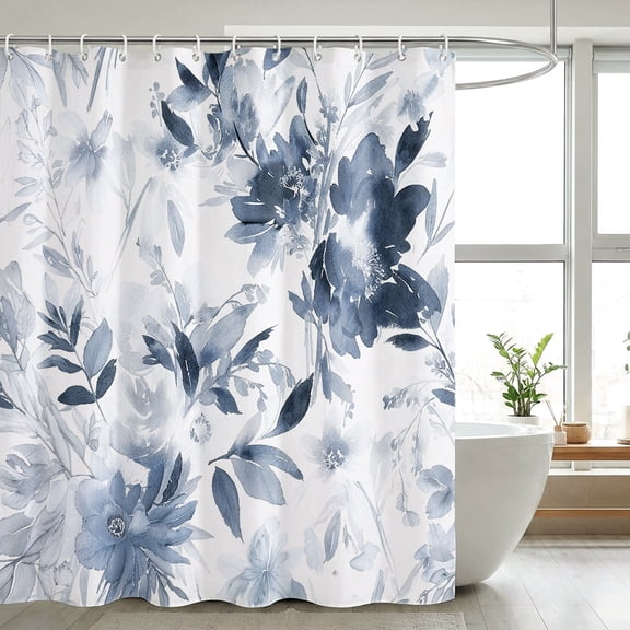 Auckpure Blue Gray Watercolor Floral Shower Curtain 72x72 Inch, Elegant Botanical Bathroom Curtain with 12 Hooks
