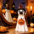 thumbnail image 3 of Homellea Halloween Ghost Cat Figurine, 7.87 Inch White Resin Cat Statue with Witch Hat and Jack O Lantern Pumpkin Bucket for Tabletop, Shelf, Mantel, Bar, Home and Party Decor, 3 of 6