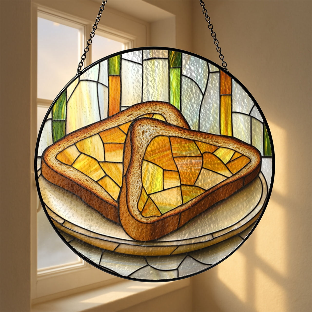 Warm Toast Window Panel, Faux Stained Glass Breakfast Design for Kitchen and Home Accent Decoration