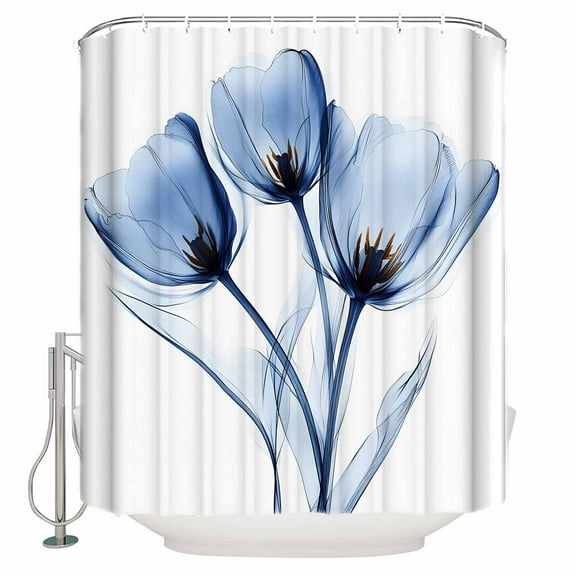 Small Stall Shower Curtain 48x72 Inch Narrow Half Size Blue Flowers Bath Curtains Bathroom Decor Simple Gradient Tulip Floral Branches Waterproof Fabric Shower Curtain Set with Hooks 48 Inch