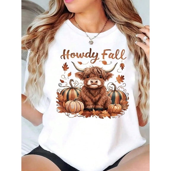 Howdy Fall Highland Cow Pumpkin Leaves Print Round Neck Autumn Seasonal Gift Women's T-Shirt