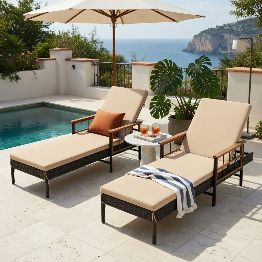 Hommoo Outdoor Chaise Lounge Chair with 4-Position Adjustable Backrest, Cushions, PE Rattan & Acacia Wood Frame, White