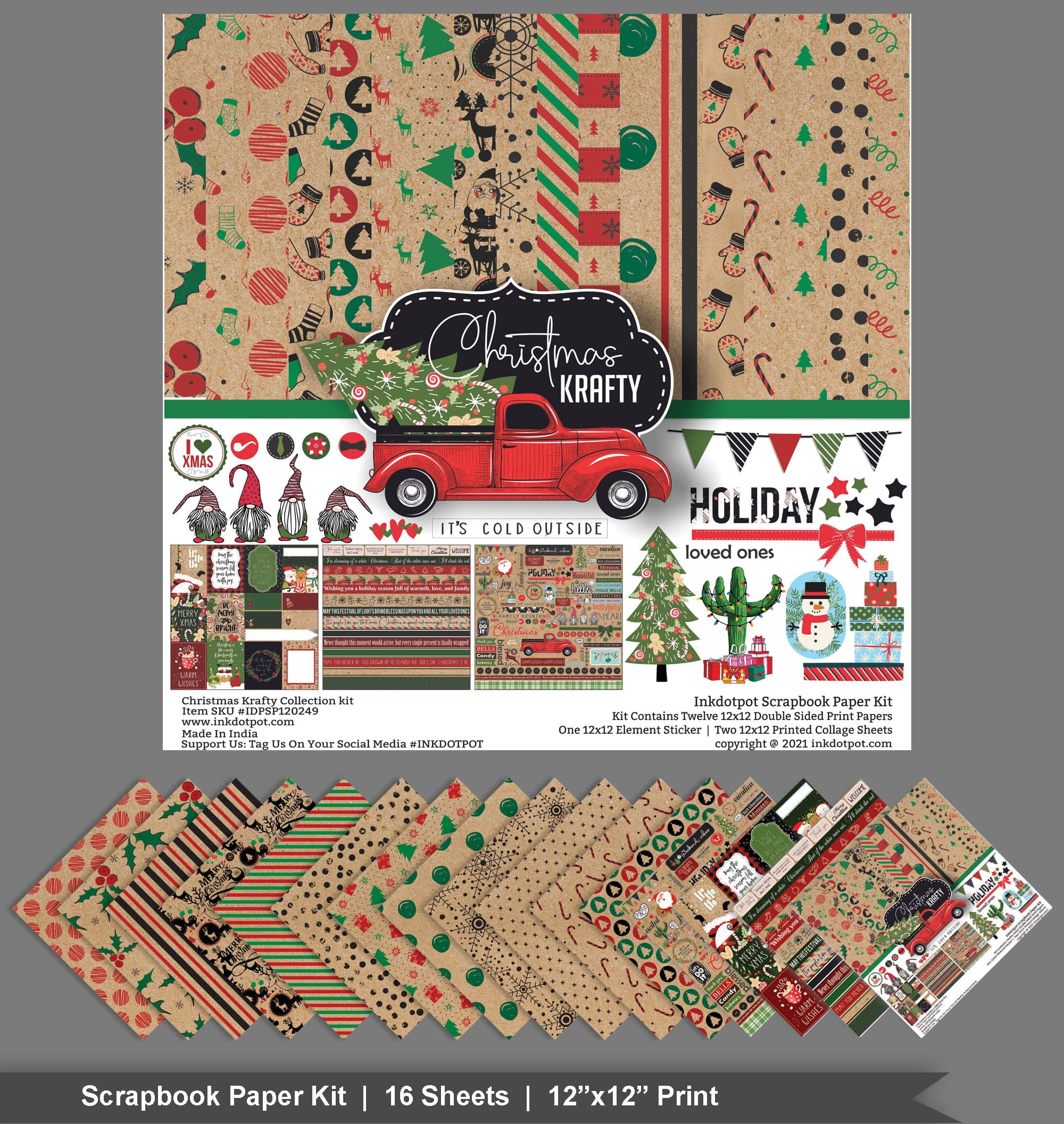 Inkdotpot Christmas Theme Collection Double-Sided Scrapbook Paper Kit Cardstock 12"x12" Card Making Paper Pack Of With Sticker Sheet - 16 Pages - Beige