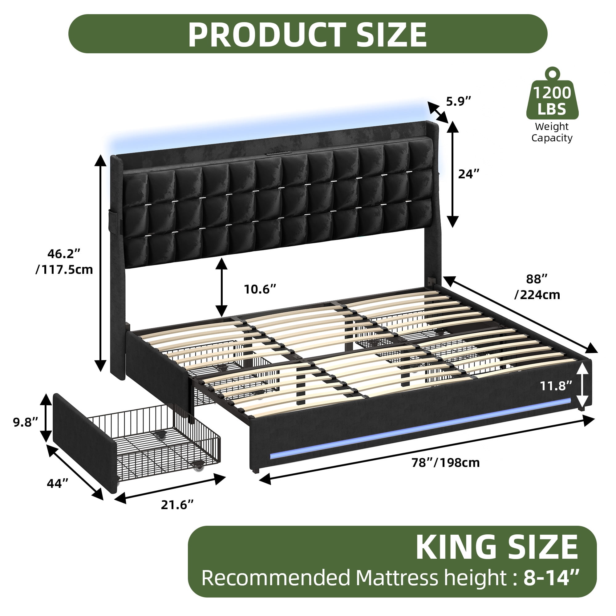 Uforic Upholstered Bed Frame with Charging Station & Drawers, King Size Bed Frame with LED Lights, Black