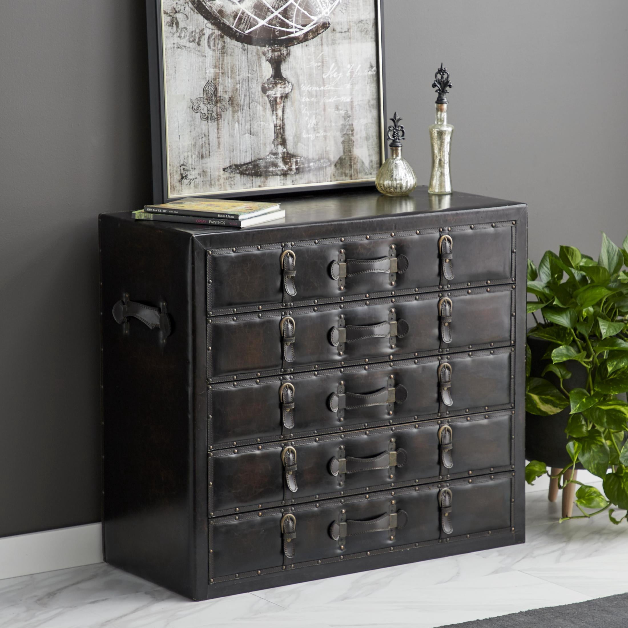 DecMode 36" x 32" Black Faux Leather Vintage Trunk Chest with Gold Studs and Buckle Details, 1-Piece