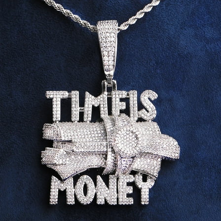Heyoubi Iced Out Time is Money Necklace Pendant for Men Prong Setting Real Gold Plated Hip Hop Jewelry