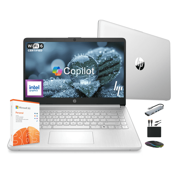 HP 14" Performance Laptop for Business and Student, 1 Year MS Office 365, Quad-Core Intel CPU (Up to 3.6GHz), 16GB RAM, 628GB Storage (128GB UFS 500GB Ext), Win 11, MarxsolBundle, Wi-Fi 6, Silver