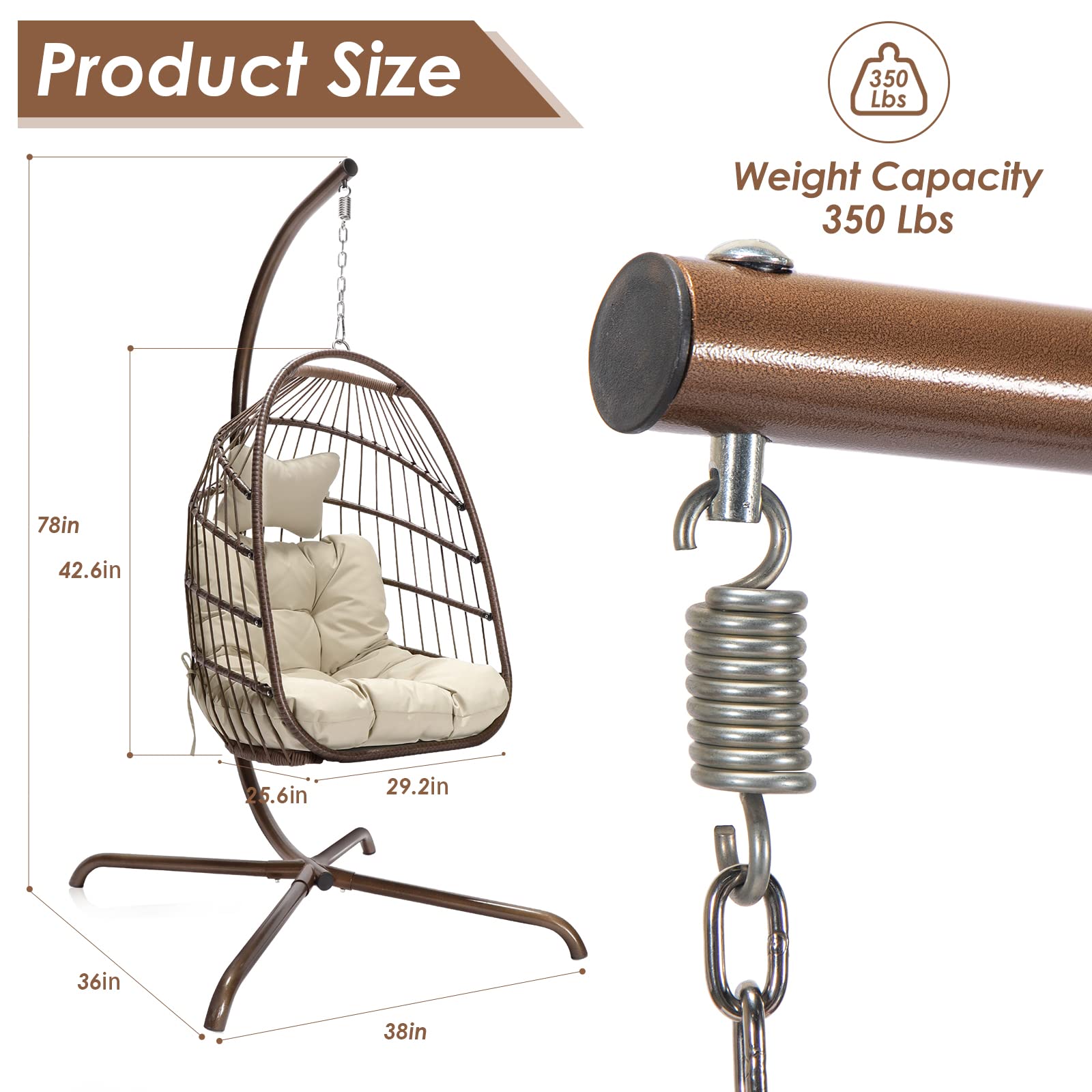 Nicesoul Foldable PE Wicker Brown Hanging Egg Chair With Stand Swing Chair With Cushion and Pillow Capacity 350lbs - image 3 of 8