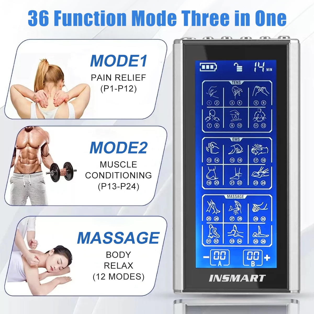 INSMART 3-in-1 TENS Unit Rechargeable Muscle Stimulator EMS Dual Channel with 10 Reusable Electrode Pads 36 Modes for Back Neck Pain Muscle Therapy Pain Management Pulse Massager