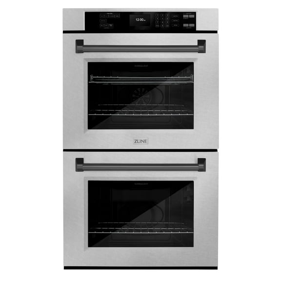 ZLINE 30" Autograph Double Wall Oven with Air Fry and Self-Clean in DuraSnowÂ® Stainless Steel and Black Matte Handle, WADSZ-30-MB