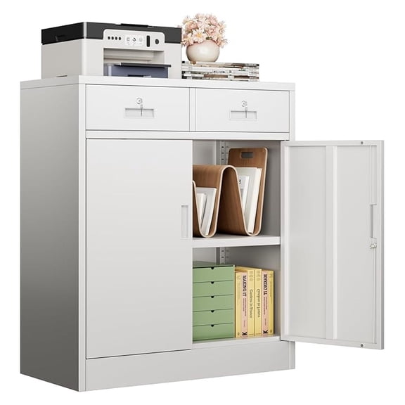 Metal Storage Cabinet, Locking Storage Cabinet with Doors and 2 Drawers, Metal Cabinets for Office/Home/Garage 36" H x 32" W x 16" D (White)