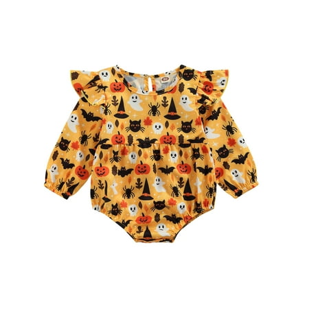 

Sunisery Infant Baby Halloween Rompers Ruffled Long-Sleeves Jumpsuit with Crotch Snaps for Newborn Girls Orange 0-3 Months