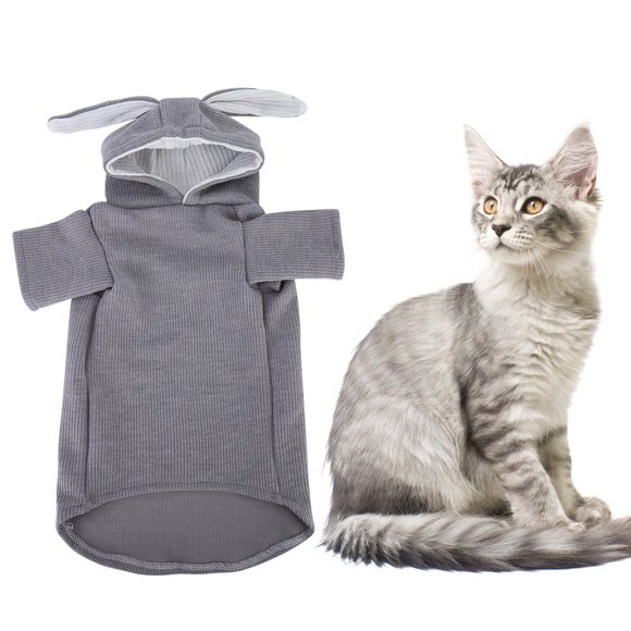 Disfraces para mascotas, gatos y perros pequeños, ropa con forma de orejas de conejo, abrigados, con capucha para otoño e invierno, gris XS