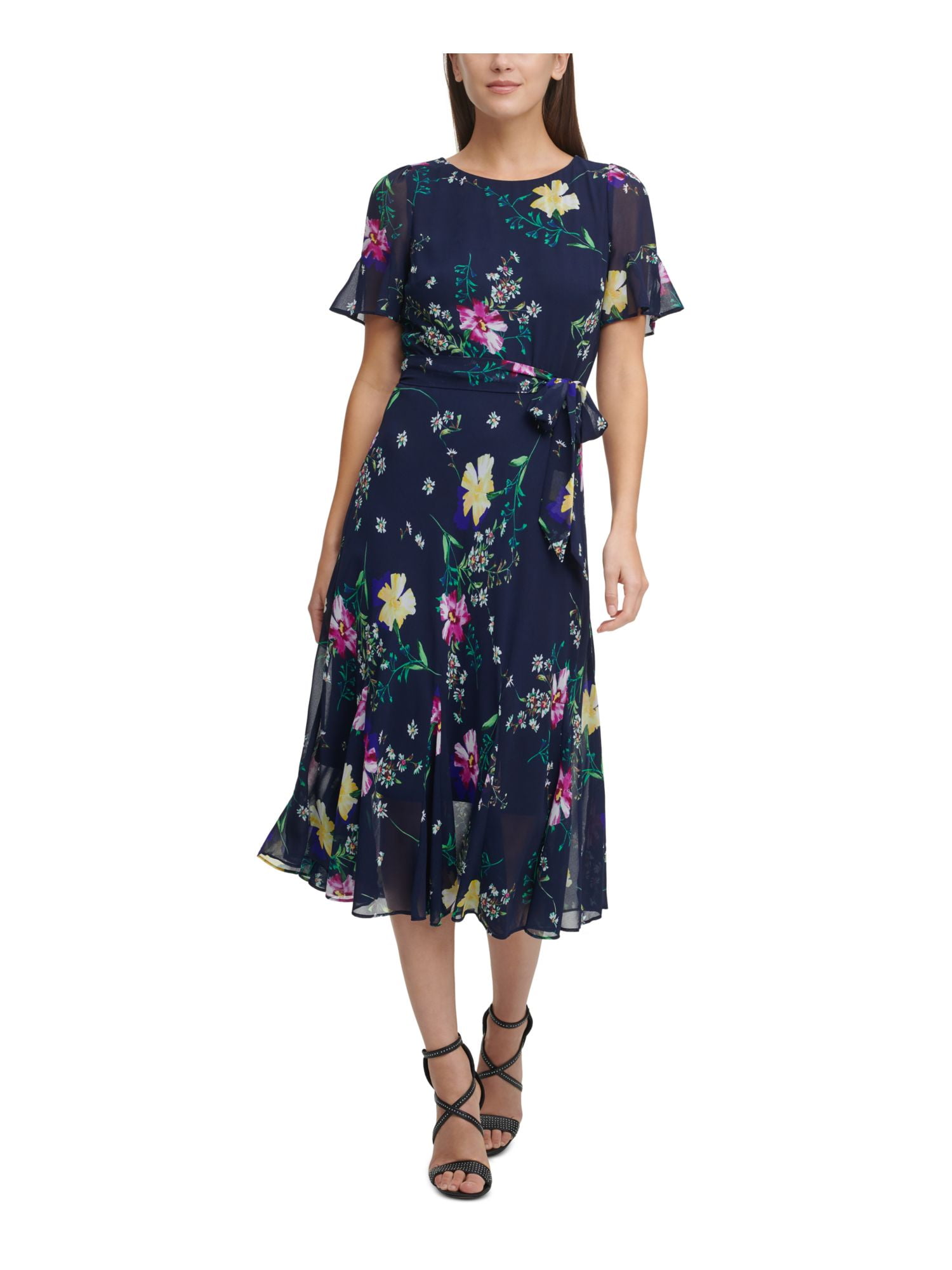 DKNY Womens Navy Zippered Belted Lined Sheer Overlay Floral Flutter Sleeve  Jewel Neck Midi Wear To Work Fit + Flare Dress 6 - Walmart.com