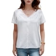 thumbnail image 2 of PNTUTB Summer Women's Casual Solid Color Lace Trimmed Patchwork V Neck Pullover Loose Short Sleeve T Shirts, 2 of 6