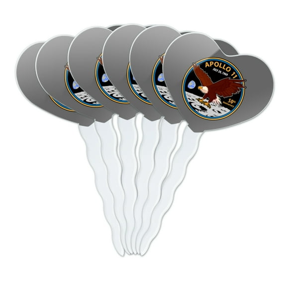 NASA Apollo 11 50th Anniversary Patch with Eagle on The Moon Heart Love Cupcake Picks Toppers Decoration Set of 6