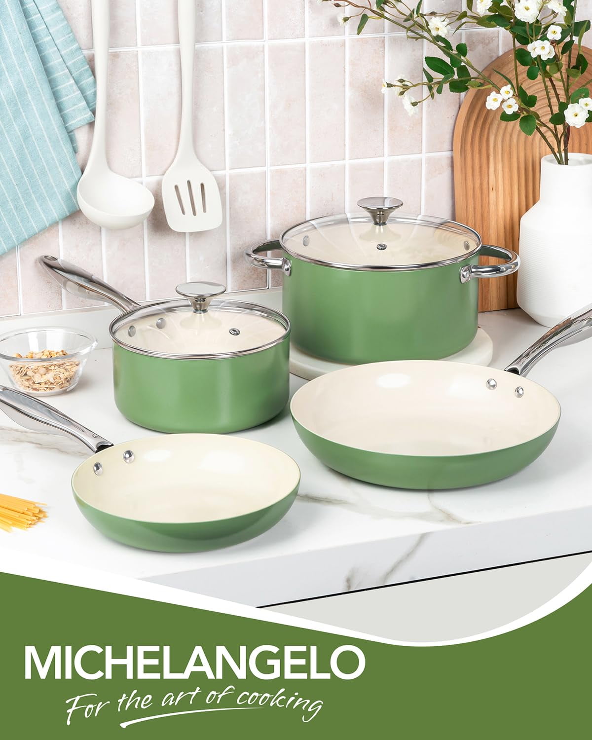 MICHELANGELO Pots and Pans Set Non Stick - Ceramic Cookware Set, 8-Pcs Nonstick Pots and Pans with Ergonomic Handle, Dishwasher Safe & Induction Compatible, Green