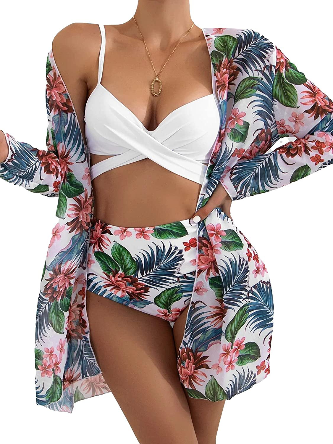 Floral Tropical Tankini Swimsuits for Women Wrap Swimsuit with Beach Kimono Cover Ups 3 Piece Swimwear Padded Bikini Set