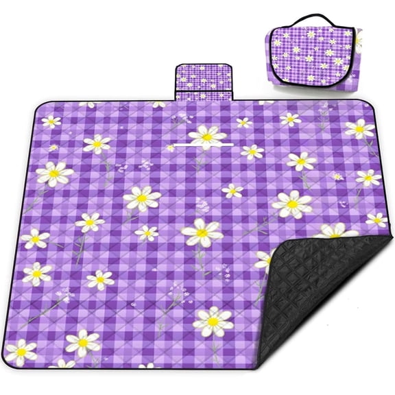 Poedist Extra Picnic Blanket Waterproof,80"x 80"Foldable Machine Washable Beach Blanket,Outdoor Blanket for 6-8 Adults,Suitable for Indoor Crawling,Park Beach,Camping,Hiking,Purple Daisy