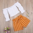 thumbnail image 3 of Kiapeise Little Girl Off Shoulder Long Sleeve T-Shirt+Striped Shorts with Belt, 3 of 7