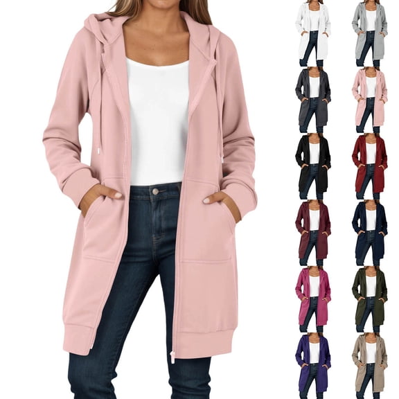 Women Long Zip Up Hooded Tunic Jacket, Oversized Double Fleece Long Sleeve Pocketed Hoodie for Fall Winter Casual Daily (RD2/L)