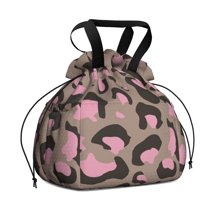 Brown and Pink Of Leopard Print Drawstring Lunch Bag Women - Drawstring Lunch Bag Insulated for Work Office - Stain-Resistant Large Lunchbags for Women with Multi-Pockets