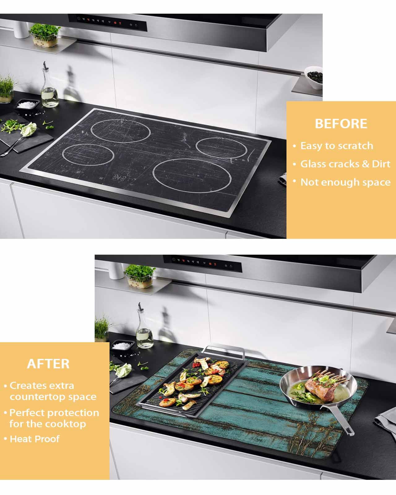 nqOlkjepod Large Induction Cooktop Protector Mat 36"x21", Teal Wood Print Stove Top Covers for Electric Stove, Abstract Vintage Plank Plant Decorative Stove Burner Cover Mats, Glass Top Stove Cover