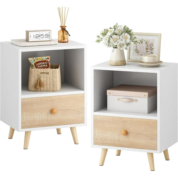 LEIYY Nightstands Set of 2, Night Stand with Drawer and Open Storage Shelf, Bedside Tables with Solid Wood Legs, End Table, Side Table, for Bedroom(2-Pack, White)