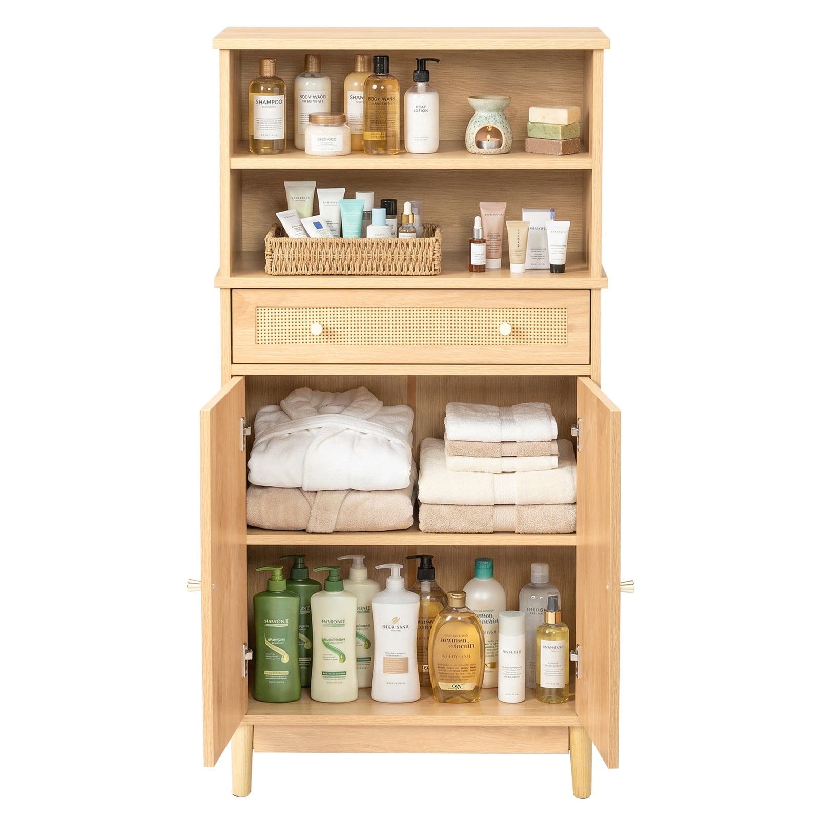 Ktaxon Freestanding Bathroom Floor Cabinet with Large Drawer, 2 Doors & Adjustable Shelves for Kitchen Living Room, Rattan