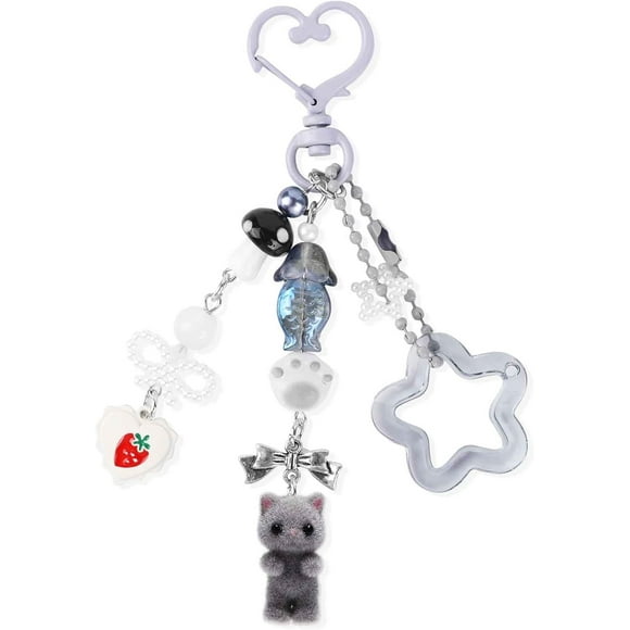 Cute Fuzzy Cat Keychain for Women, Cat Charm Keychain Cat Lover Gift Cat Plush Keyring Stuffed Animal Keychain for Backpack