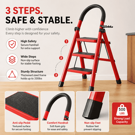 Heavy folding 5step ladder, anti slip wide steps, safety lock design, portable ladder for household, kitchen, garage, office use, easy to store and stable climbing platform
